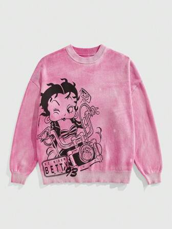 Betty Boop | ROMWE Pull ample décontracté pour homme, imprimé de dessins animés, avec épaules tombantes et lavé
