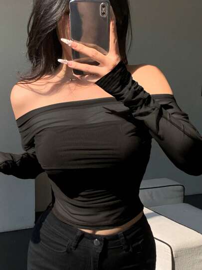 DAZY Blusa de mujer de malla elástica y transparente con hombros descubiertos, blusa de manga larga para primavera/verano