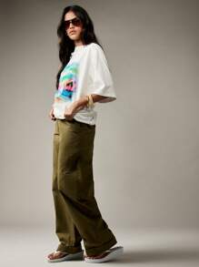 MISSGUIDED Wide Leg Cargo Utility Pants With Front Pockets High Waisted Casual Work Autumn Winter Trousers Barrel Cut Relaxed Fit - Army Green - View 5