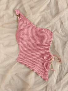 Soleia 女士夏季度假米色针织提花纹理单肩修身下摆开衩抽绳褶饰吊带背心，适合派对、约会、情人节、复活节、狂欢节、下午茶、海滩、游轮、城市街头度假 - 粉色 - 查看 3