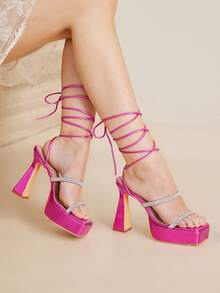 MOTF SQUARE TOE RHINESTONE PLATFORM HIGH HEEL SHOES - Hot Pink - View 5