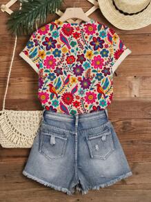 INAWLY Vacation Rustic Style Colorful Vintage Floral Print Round Neck Casual T-Shirt For Spring And Summer - Khaki - View 2