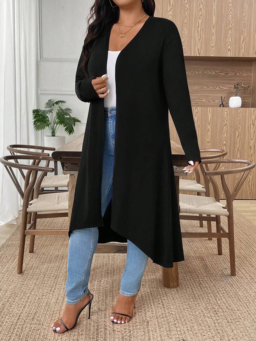 EMERY ROSE 大码女式纯色薄款长袖开衫披肩 - 黑色 - 查看 1