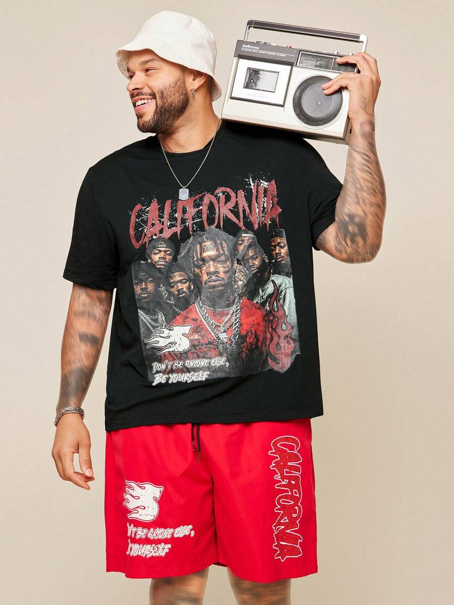 EASEVO Set di maglietta a girocollo con grafica e pantaloncini casual in maglia, taglia grande, per uomo - nero - Visualizzare 1