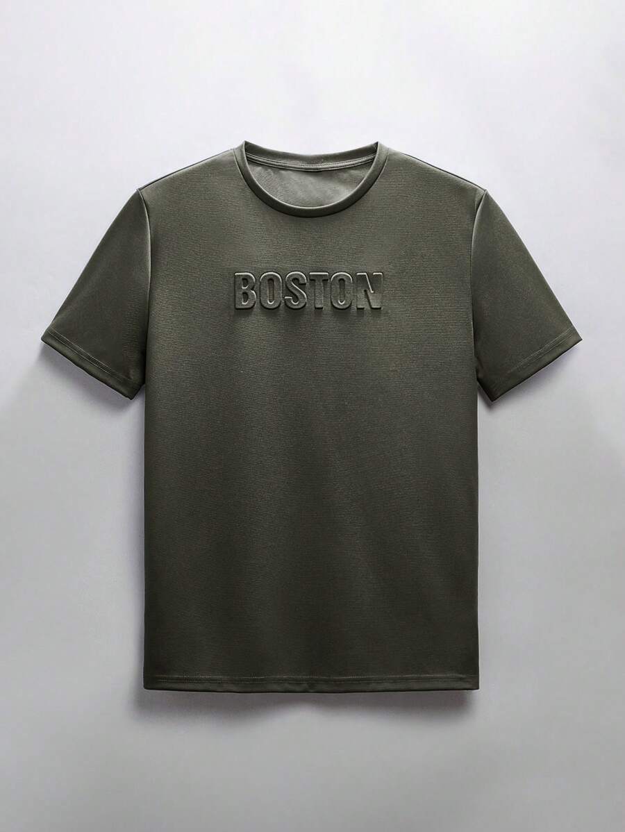 NEON BLANC Men's Letter Embossed Tee Without Necklace, Summer, Streetwear Inspired - Army Green - View 1