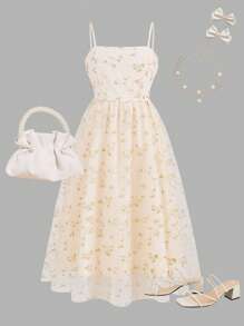 SHEIN Leap Crew Tween Girl Elegant Floral Embroidery Splicing Mesh Cami Midi Dress - Mustard Yellow - View 1