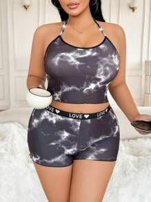 SHEIN 2pcs Plus Size Tie-Dye Print Halter Wireless Bra And Shorts Lingerie Set
