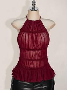 SHEIN ICON 加大码露背网眼透视上衣，Y2K 性感露背露背上衣，适合夏季、约会、外出上衣女士 - 酒紅色 - 查看 3