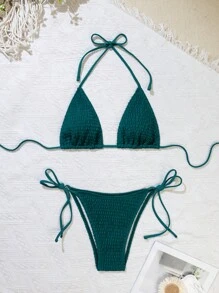 Swim Vcay Women's Minimalist Solid Color Nylon Fabric Micro Triangle Split Bikini Set, For Summer Beach Vacation - Teal Blue - View 3