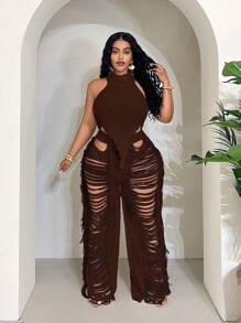 Maweii 大码女式毛衣套装纯色白色吊带背心+破洞流苏性感裤休闲性感派对针织套装度假夏季女装 - 棕色 - 查看 4