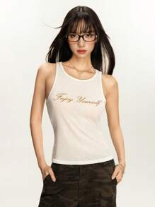 Rina Fox 美国复古女士透明无袖背心，宽松夏季分层背心 - 杏色 - 查看 3