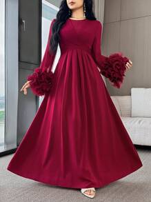 Feyla Damen bescheidenes Kleid mit festgeschnürter Taille, langärmelig, einfarbig im arabischen Stil