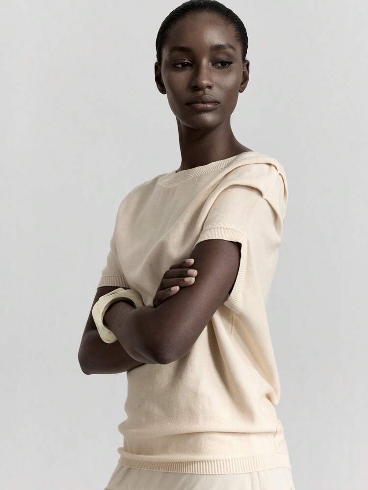 White Summer Casual Effortless Chic Office Elegant Short Sleeve Knit Top,Minimalist Solid Color Urban Business Casual Professional Office Wear,2025
