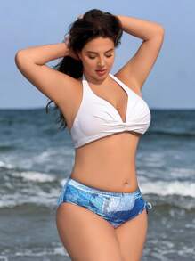 Swim Vcay Plus Size Women Random Print Side Hollow Strap Bikini Bottom For Summer Beach Vacation - Blue - View 6