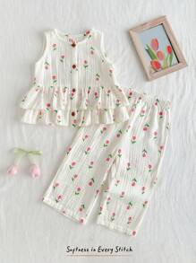 Cozy Pixies 女宝宝夏季休闲碎花无袖荷叶边下摆衬衫和宽松阔腿裤套装 - 白色 - 查看 8