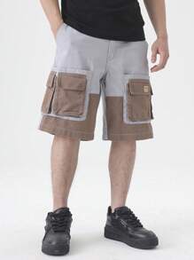 Manfinity Hypemode Celana Pendek Denim Kasual Patchwork Blok Warna untuk Pria Ukuran Besar, Celana Pendek Kargo Pria - MultiWarna - View 1