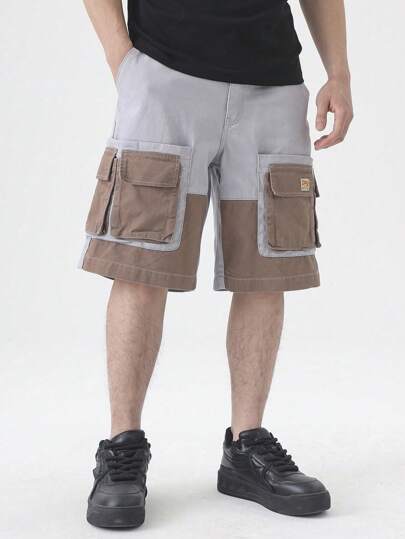 Manfinity Hypemode กางเกงยีนส์ขาสั้นแบบ Color Block ผ้าแพทช์เวิร์ค สำหรับผู้ชายไซส์ใหญ่