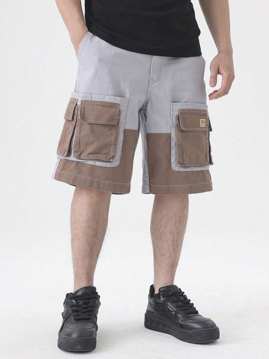 Manfinity Hypemode Celana Pendek Denim Kasual Patchwork Blok Warna untuk Pria Ukuran Besar, Celana Pendek Kargo Pria - MultiWarna - View 1