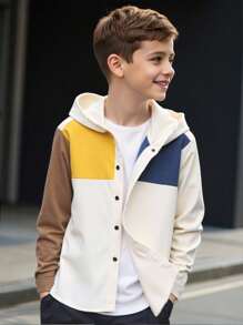 1 Piece Tween Boy 休闲运动学院艺术风格复古宽松版型灯芯绒材质面料多色拼接连帽长袖衬衫适合返校适合生日派对、晚会、表演、婚礼、洗礼、开幕式日常适合日常使用适合上学适合旅行适合运动适合春夏秋季 - 卡其色 - 查看 2