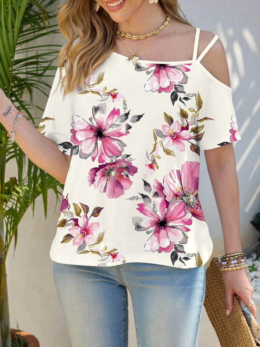 Shutterstock Glamance Camiseta de mujer con estampado floral de un hombro, adecuada para conjuntos de oficina de mujer casual de verano, atuendos de playa para mujer