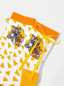 TOM & JERRY X SHEIN Meias de cano alto com estampa de desenho animado e laço triangular amarelo - Multicolorido - Ver 2