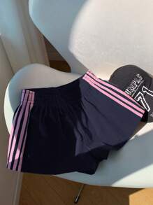Comfortcana Quần short nữ màu xanh hải quân, cạp chun, dáng rộng, thoải mái, có sọc bên hông, thích hợp mặc mùa hè. - Màu xanh hải quân - Xem 3