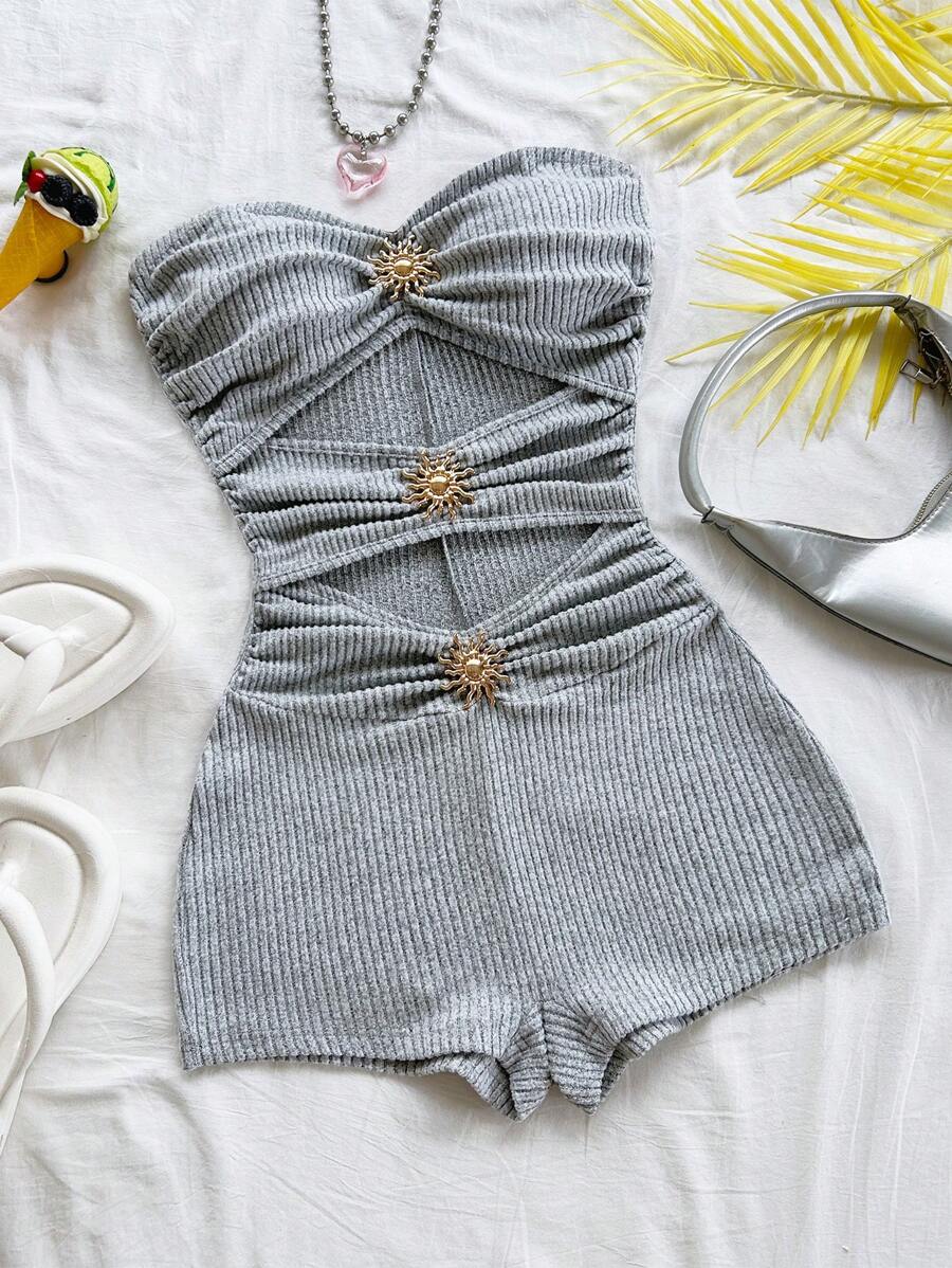 Soleia 女士度假白色针织纹理金属装饰修身连体裤，适合派对、约会、下午茶、音乐节、海滩巡游、夏季服装 - 杏色 - 查看 1