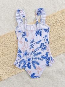 Toddler Girls' One-Piece Swimsuit With Ruffle Trim Floral Print, Perfect For Summer Beach/Holiday - Blue - View 2