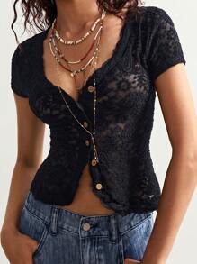 Bohemela 1pc Women Solid Knit Lace Short Sleeve V-Neck Fitted Top