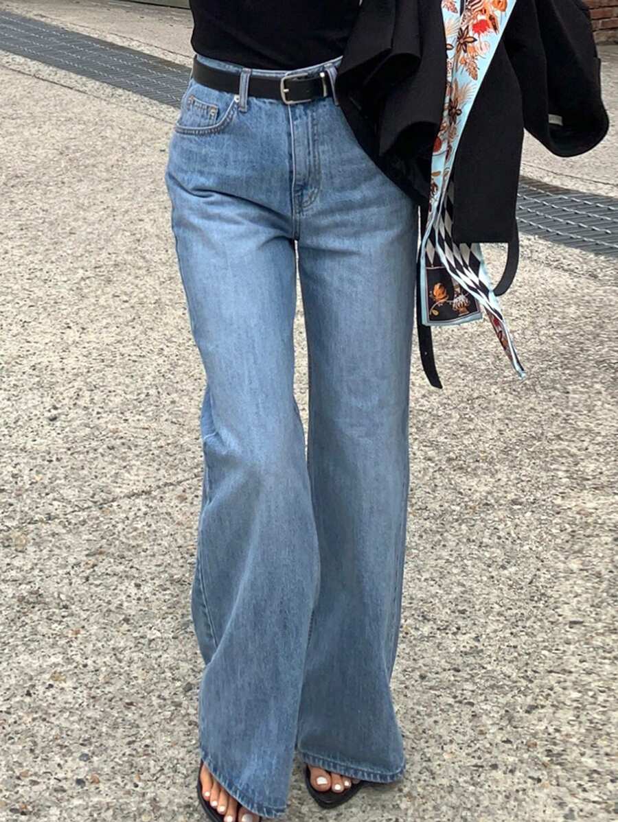 DAZY Light Blue Washed Slim Straight Leg Long Casual Jeans, All Season - Light Wash - View 1