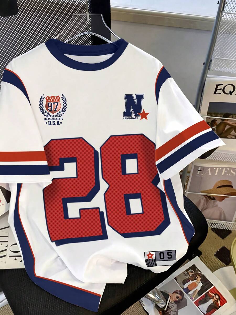 INAWLY Casual Street Sense Vintage Number Combination Letter Sport College Style Women's T-Shirt - White - View 1