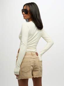 SUMWON WOMEN High Waisted Cutoff Denim Shorts Festival Beach Distressed Raw Hem Mid Thigh Bermuda Summer Casual Bottoms Boho Vacation Wear - Khaki - View 2