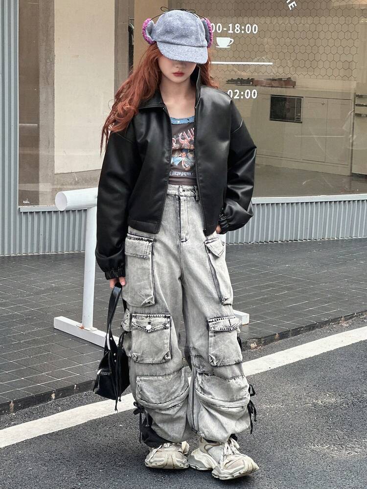 Teen Girls PU Casual Street Long Sleeve Jacket, Korean Padded Coat Winter Leather Jacket