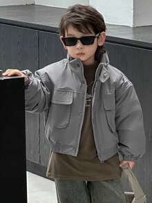 DAZY 男童街头风纯色韩版短款羽绒服，多口袋设计，冬季款 - 灰色 - 查看 6