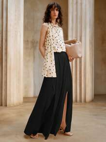 GENKIRA Calça feminina nova, cintura alta, alargada, cor sólida, casual, perna larga - Preto - Ver 3