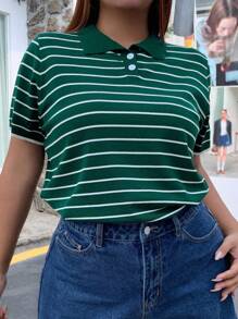 Dazy Plus Top de punto de manga corta con cuello de polo a rayas, suelto, para verano