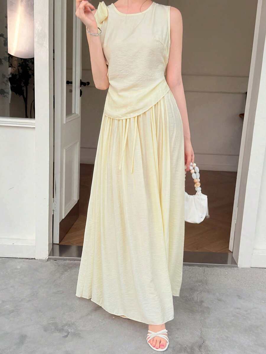 Celisse Bộ 2 chiếc áo không tay và chân váy bút chì phong cách tối giản cho nữ khi đi làm - Màu vàng - Xem 1