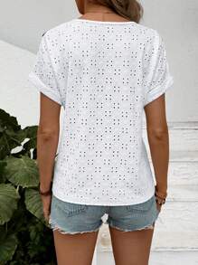 EMERY ROSE Áo thun dệt kim Jacquard cổ chữ V họa tiết cỏ ba lá cỡ lớn thường ngày cho nữ có nút trang trí - trắng - Xem 2