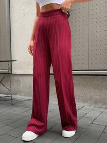 EURMUSE Business Collection, Pinstripe Trousers, Wide-Leg Design, High-Waisted Cut, Vertical Stripe Pattern, Premium Tailored Fabric, Classic Office Style, Elegant Professional Look, Full-Length Cut, Modern Business Wear, Sophisticated Work Attire Burgundy Wide Leg Pants Striped Wide Leg Pants Pinstripe Pants Womens Wide Leg Pants - Burgundy - View 6