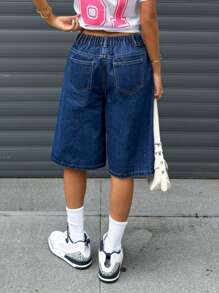 Teen Girls Y2K Fashion Streetwear Solid Washed Denim Loose Baggy Low Waist Pleated Bermuda Shorts Denim Baggy Long Short,Girls Summer Beach Boho Vacation Shorts, Summer Concert Festival Casual Rave Outfits, Girls Summer Brunch Church Graduation Outfits,Streetwear Back To School Outfits - Medium Wash - View 2