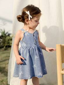 Cozy Pixies Baby Girl Bow Decor Tie Waist Denim Jumper Dress - Blue - View 1