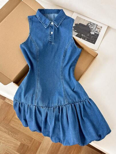 Comfortcana 女式夏季马球领无袖荷叶边下摆休闲牛仔连衣裙