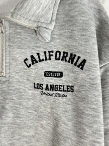 SHEIN 青少年女孩休闲街头风格迷彩和树叶印花宽松圆领落肩短款运动衫，军绿色 - 軍綠色 - 查看 5