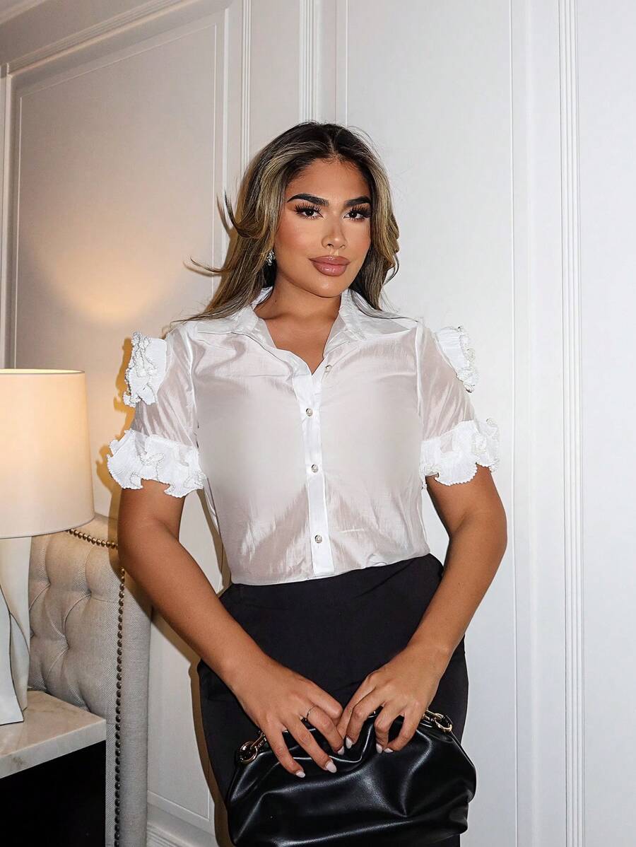 Xyvia Áo cánh tay ngắn một hàng khuy họa tiết hoa 3D trơn màu mùa hè cho nữ - trắng - Xem 1