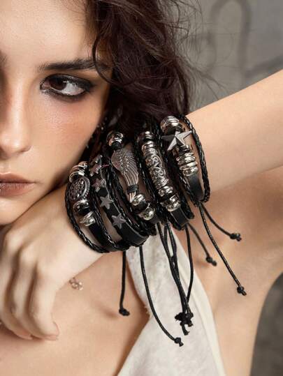 Grunge Punk 5pcs/Set Retro Hippie Style Pentagram Beaded Wing PU Leather Bracelets For Women, Suitable For Daily Wear And Festivals