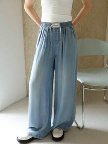 Sparklyn Teen Girl Blue Denim Effect Wide Leg Pants, Casual, Versatile, Lightweight For Spring & Summer, School, Campus, College Fall Winter - Blue - View 3