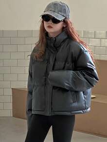 Dazy Kids Teen Girls' PU Casual Street Style Loose Solid Color Padded Coat, Winter Leather Jacket - Black - View 6