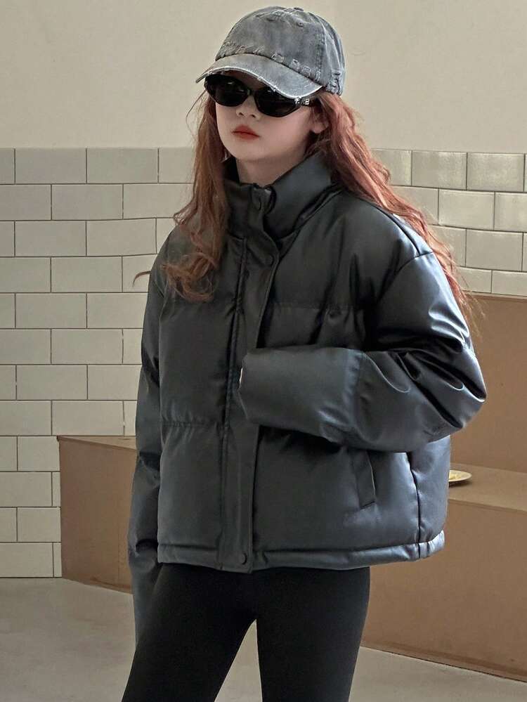 Teen Girls' PU Casual Street Style Loose Solid Color Padded Coat, Winter Leather Jacket