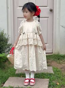 DAZY Young Girls Round Neck Short Sleeve Casual Dress, Young Girl Autumn Clothes - Apricot - View 3