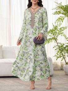 SHEIN Najma 女士花卉印花、钩针拼布、长袖连衣裙、端庄优雅的 A 字形卡夫坦和 Jalabiya 连衣裙，适合晚会/婚礼嘉宾/周年纪念/日常穿着 - 彩色 - 查看 3